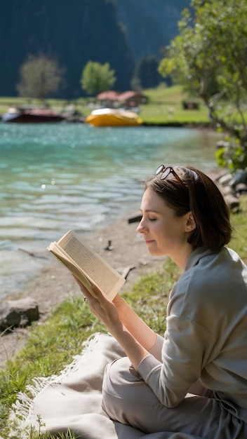 woman relaxing by a lake