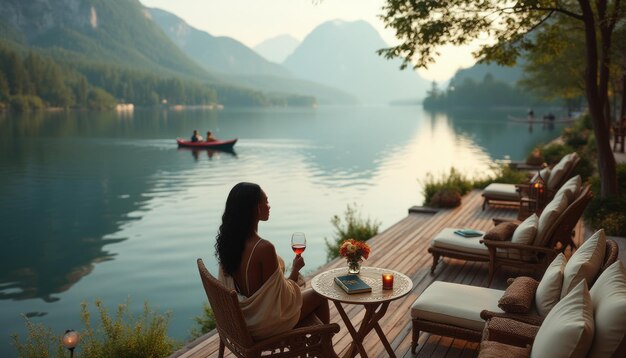 Photo woman relaxing by peaceful mountain lake