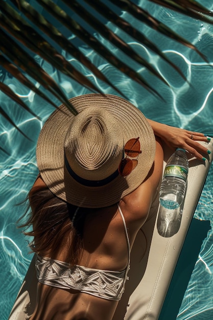 Photo woman relaxing by pool in sun hat with water bottle summer vacation sun lounger bright sunlight shadows