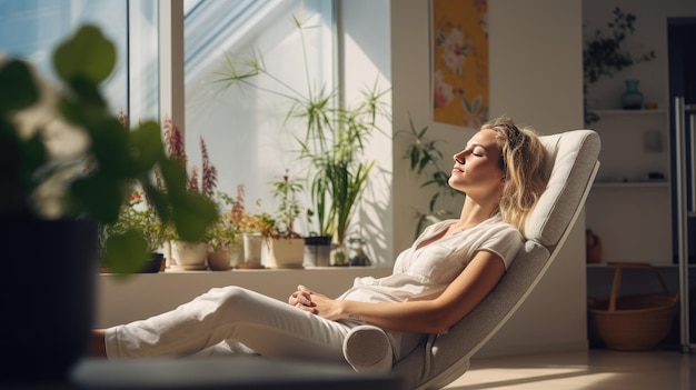 Photo woman relaxing in chair with indoor plants a woman relaxes in a comfortable chair surrounded by