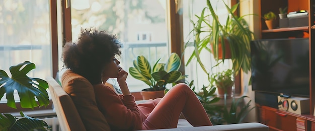 Woman relaxing on a couch at home looking out the window with plants in the background