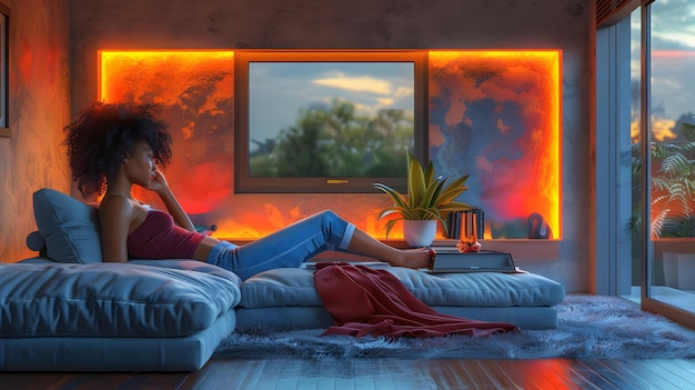 Photo woman relaxing on a couch with orange lights 3d illustration