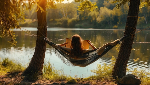 Photo woman relaxing in a hammock by a tranquil lake in a forest enjoying natures beauty aig