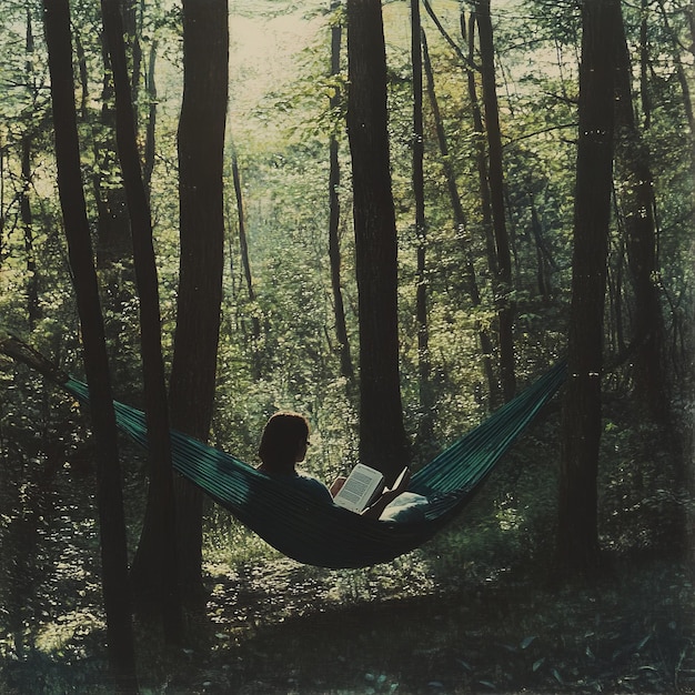 Photo woman relaxing in a hammock in a forest reading a book