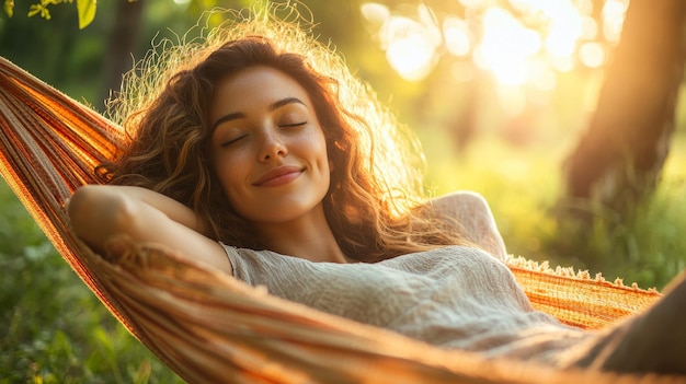 Photo woman relaxing in hammock at sunset