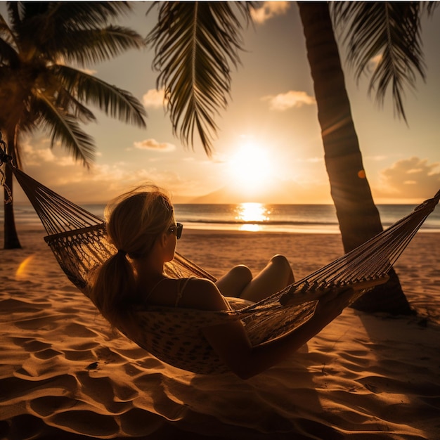 Woman relaxing in hammock on tropical beach at beautiful sunset Summer vacation concept