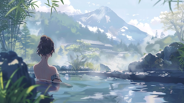 Woman Relaxing in a Hot Spring with Mountain View