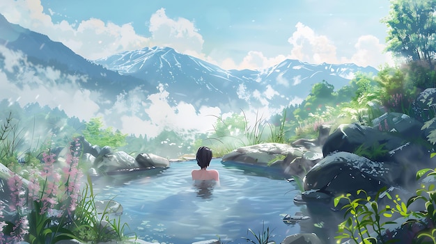 Woman Relaxing in a Hot Spring with a Mountain View