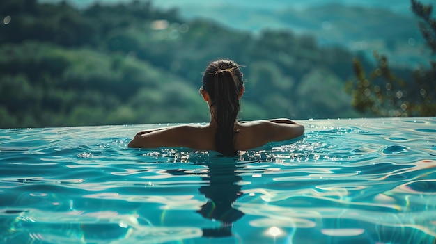 Woman relaxing in infinity swimming pool looking at view