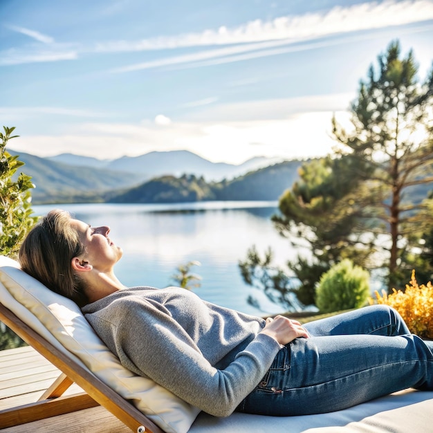 Woman Relaxing on a Lounger With a Stunning Lake View Generative AI