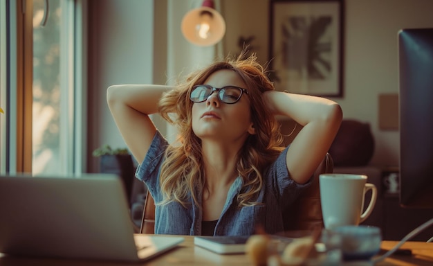 Photo woman relaxing at office desk