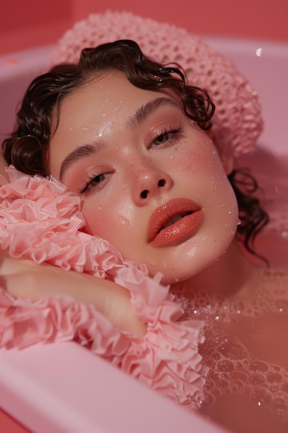 Woman Relaxing in Pink Bathtub With Closed Eyes