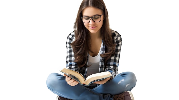 woman relaxing and reading a book isolated on white background vintage