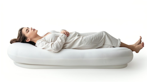 Woman relaxing and sleeping on a white inflatable bed