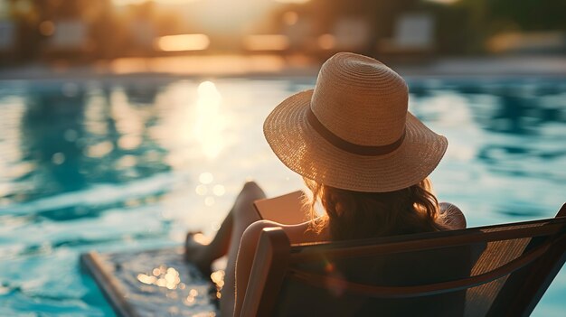 Photo woman relaxing on a sun lounger by the poolside