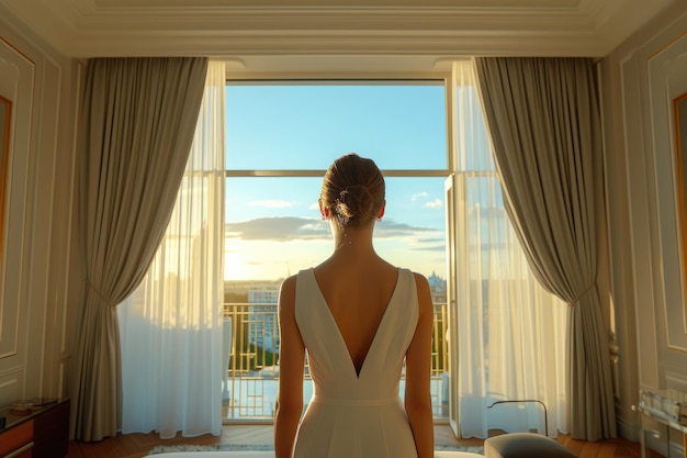 Photo woman relaxing in upscale hotel suite