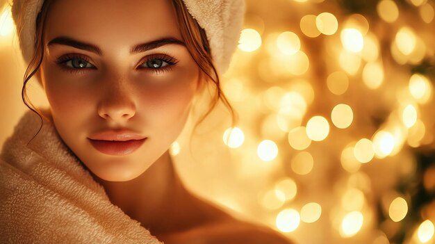 Photo woman relaxing in warm glow of lights after a bath