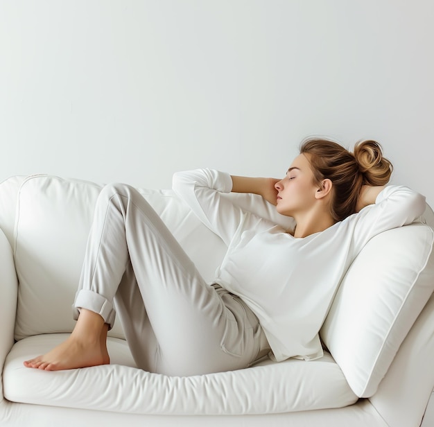 Photo a woman relaxing on a white couch wearing white clothes eyes closed