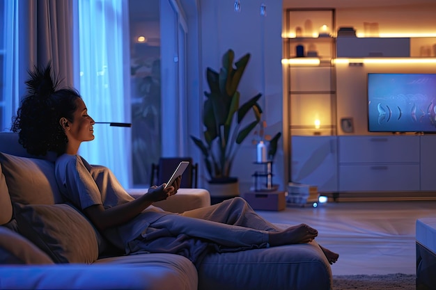 Woman Relaxing With Digital Tablet In Stylish Apartment