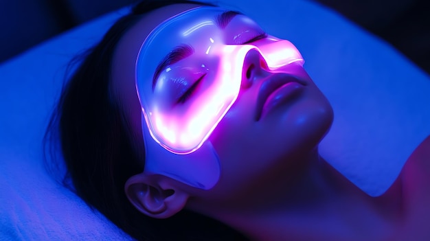 Photo woman relaxing with a glowing pink led face mask