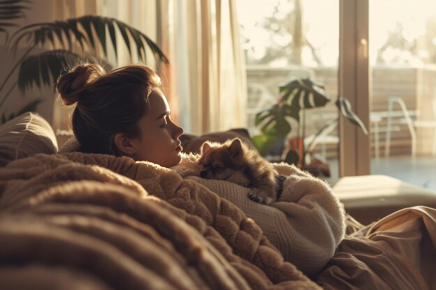 Photo woman relaxing with her dog