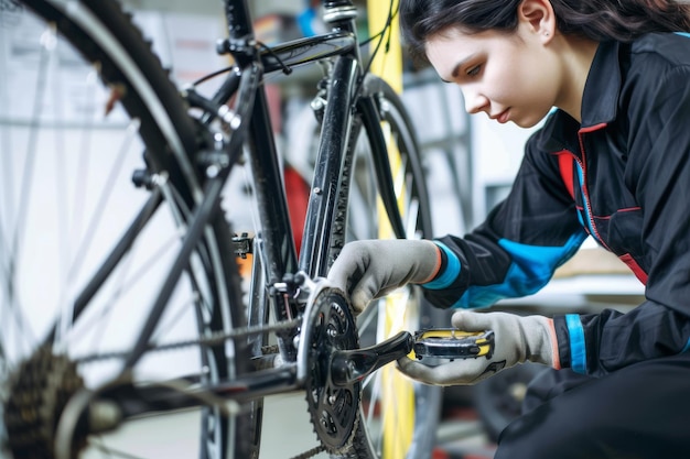 Photo woman repairing bicycle woman repairing bicycle in workshop