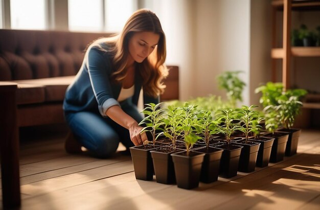 Woman replanting plants into pots