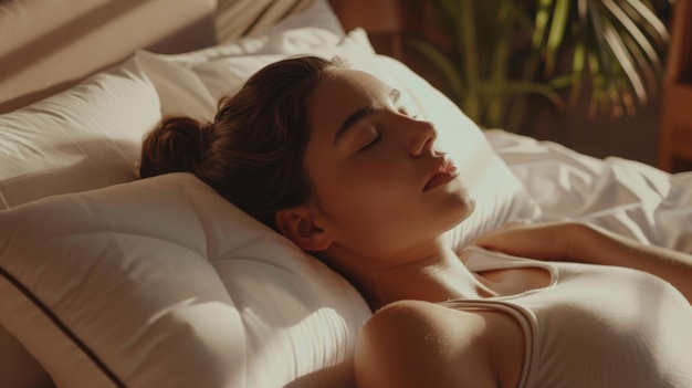 A woman in repose peacefully sleeping in the soft morning light filtering in