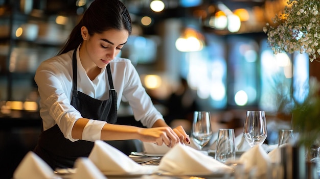 a woman in a restaurant with a menu and wine glasses on the table