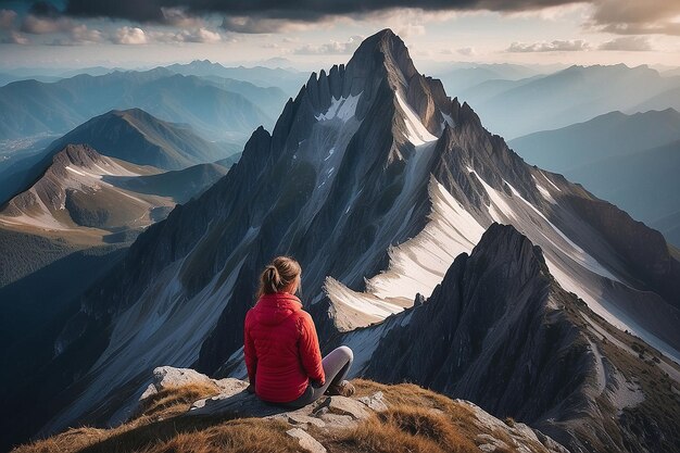 Photo woman resting on high mountain top overlooking majestic peaks