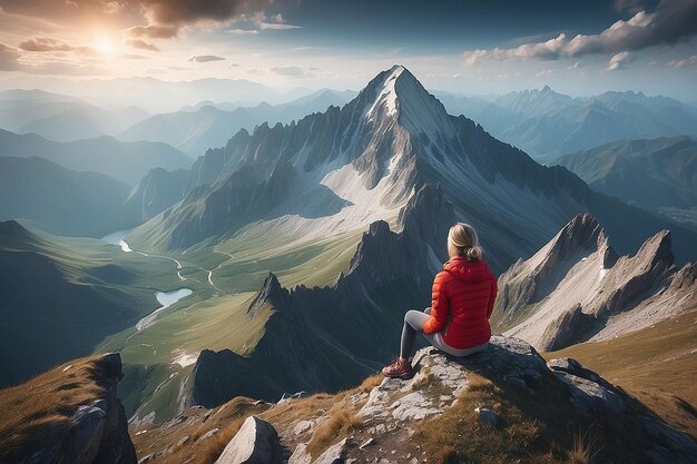 Photo woman resting on high mountain top overlooking majestic peaks