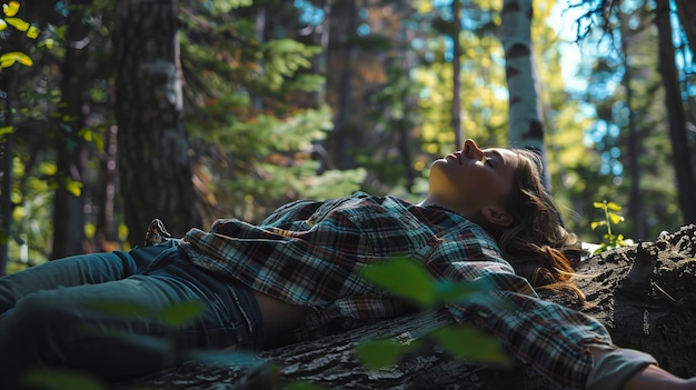 Photo woman resting on tree trunk in forest under sunlight