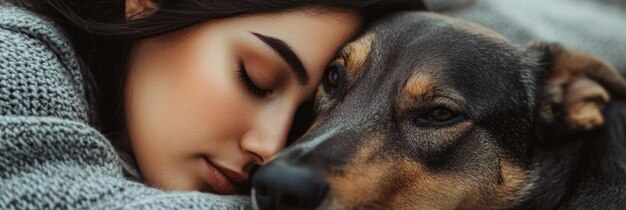 A woman rests her head against a dog showcasing a moment of affection and companionship