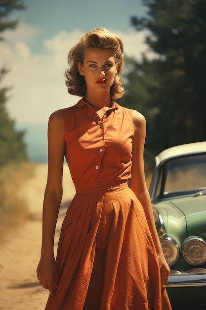 Woman retro car