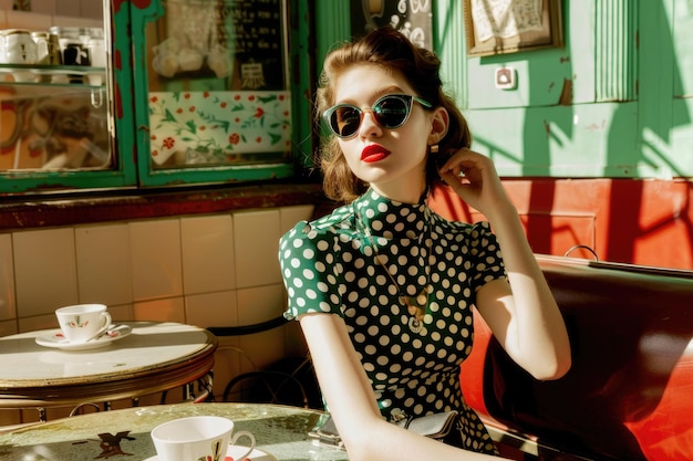 Photo woman in a retro polka dot dress with cateye sunglasses