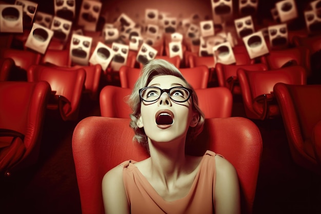 Woman in retro style watching a movie in a cinema with red chairs