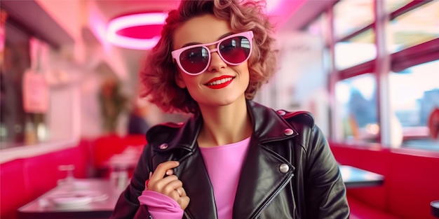 Woman in retro vintage 50's cafe sitting at table in black leather jacket wearing pink sunglasses