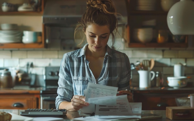 Photo woman reviewing bills in a kitchen