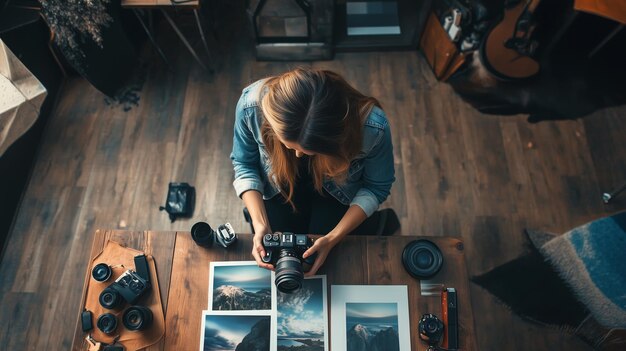 Photo a woman reviews photographs while organizing her camera equipment in a cozy studio filled with natural light