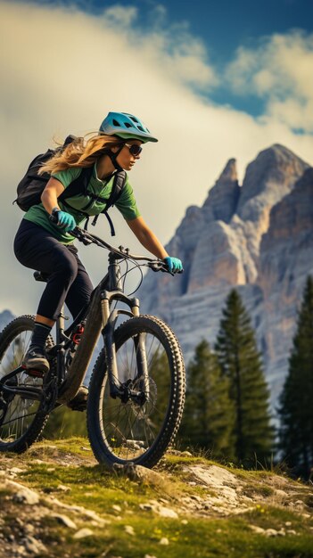 Woman ride electric mountain bikes in the dolomites