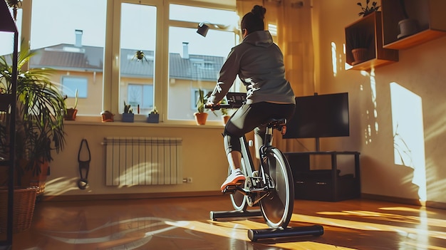 Photo a woman rides a bicycle in front of a window with the sun shining through the window