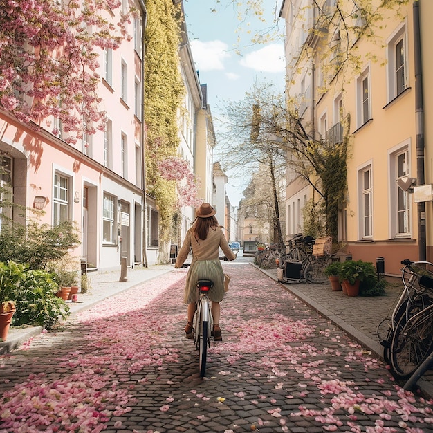 a woman rides a bike down a cobblestone street with pink flowers on the ground