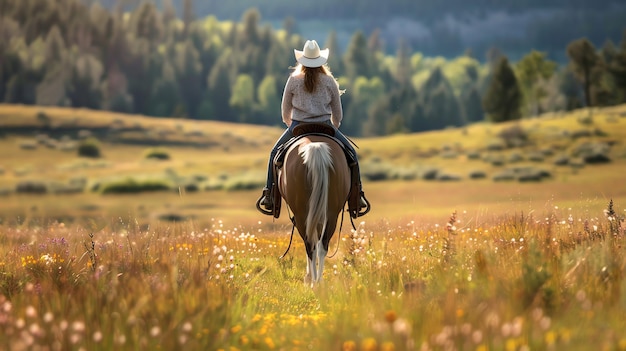 Photo a woman rides a horse through a field of wildflowers with a forest in the background