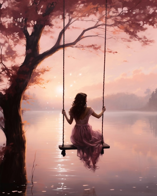 Photo woman rides a swing on the lake