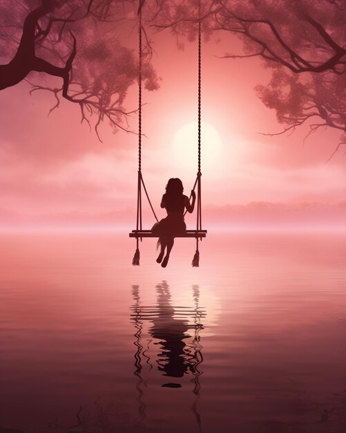 Photo woman rides a swing on the lake