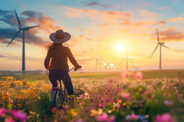 Woman Riding a Bicycle with Windmill Turbines in the Netherlands at Sunset