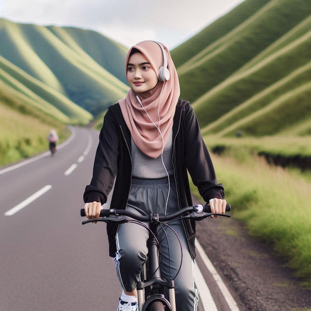 woman riding bicycles on a road with green hill