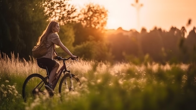 A woman riding a bike in a field with the sun setting behind her