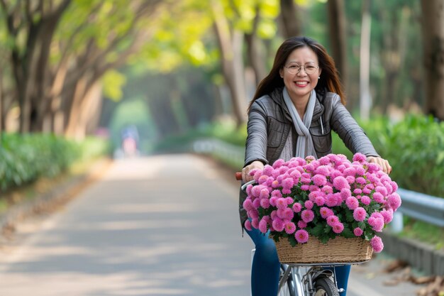 a woman riding a bike with a basket of flowers on the front