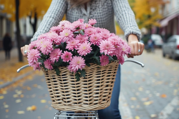 a woman riding a bike with a basket full of flowers